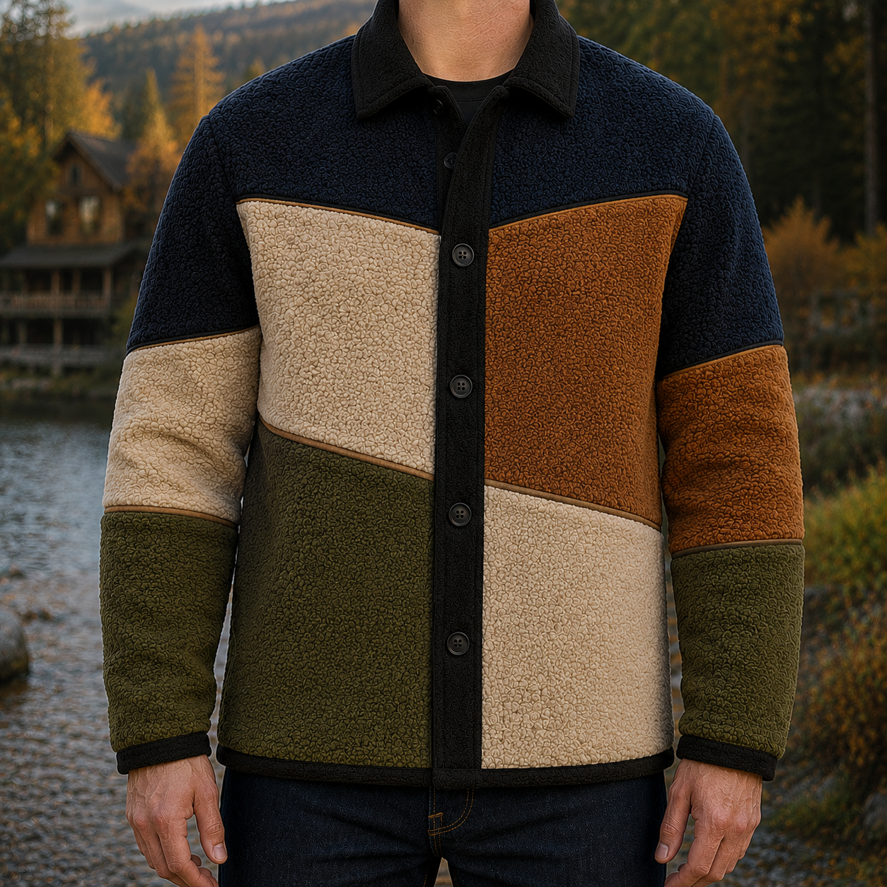Men's Retro Color Block Fleece Shirt Jacket-151
