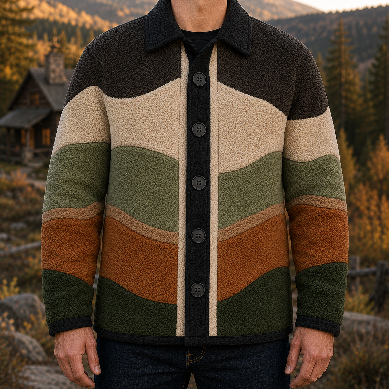 Men's Retro Color Block Fleece Shirt Jacket-152