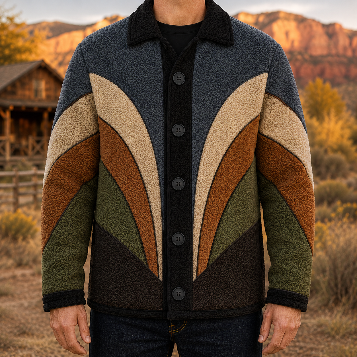 Men's Retro Color Block Fleece Shirt Jacket-154