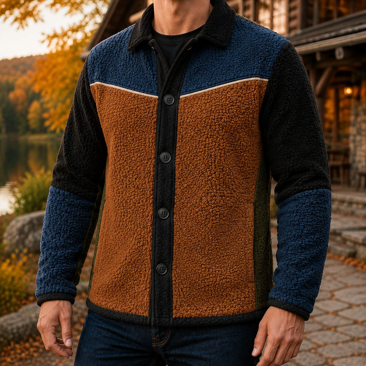 Men's Retro Color Block Fleece Shirt Jacket-155