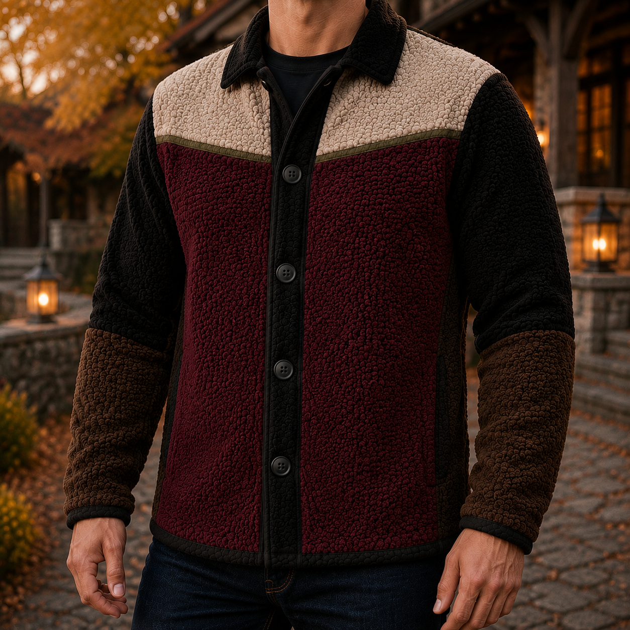 Men's Retro Color Block Fleece Shirt Jacket-156
