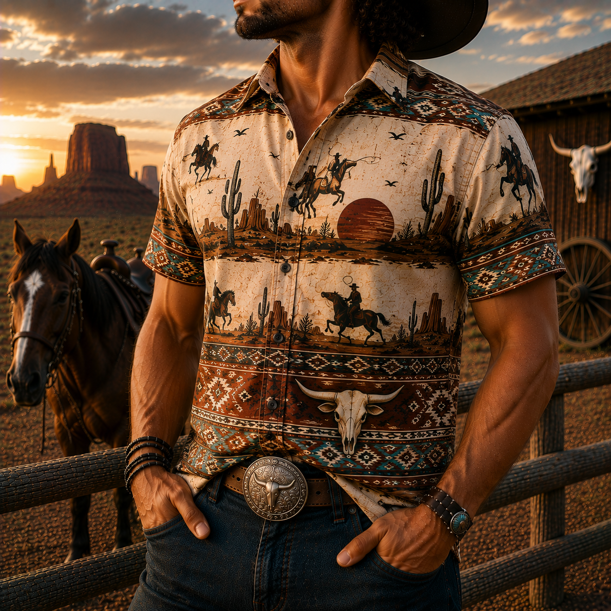 Men's Vintage Western Cowboy-Style Printed Short-Sleeve Shirt-61