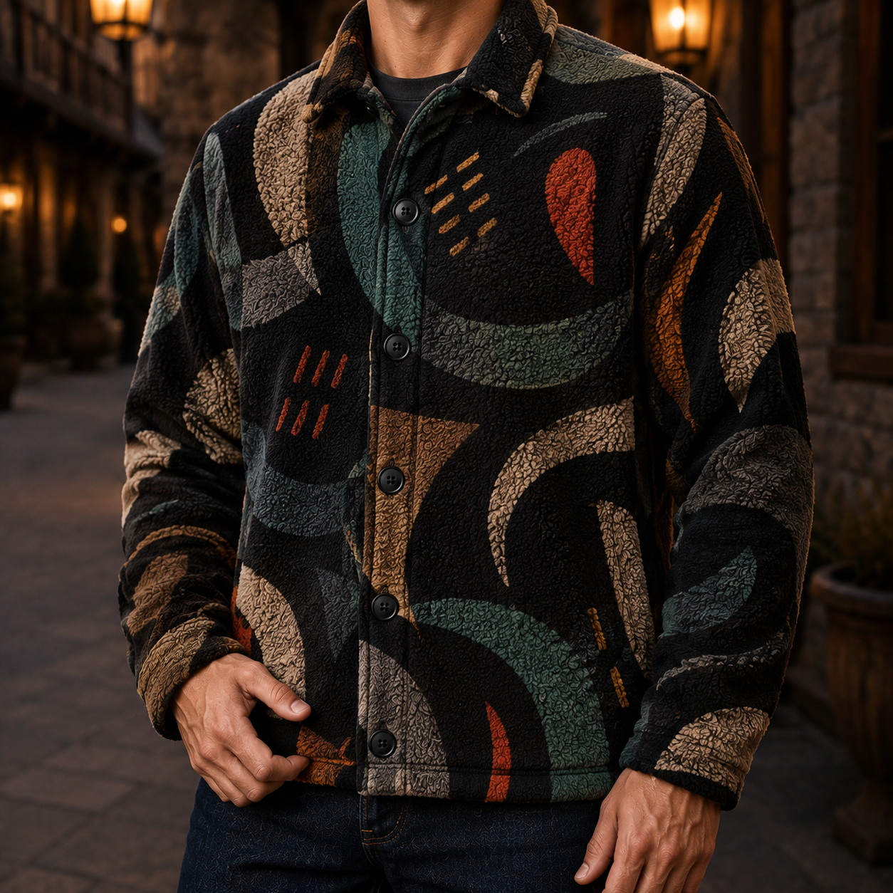 Men's Geometric Fleece Shacket | Warm Shirt Jacket -16
