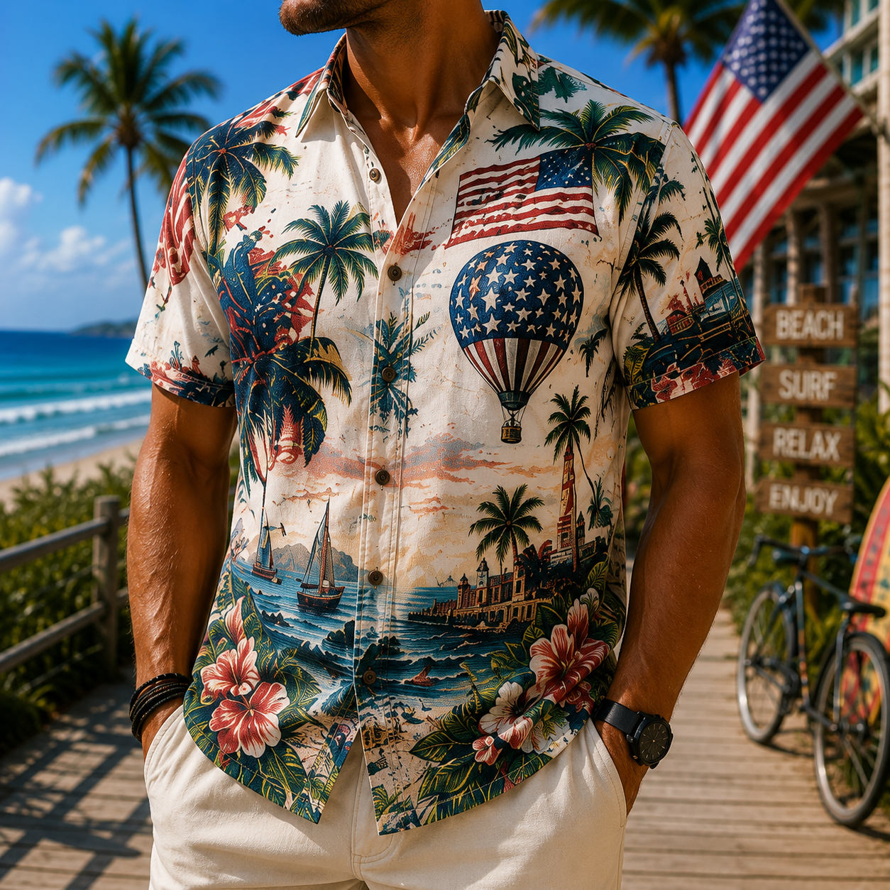 Men's Vintage Tropical Print Short-Sleeve Shirt – Casual Beach Vacation Style – 50