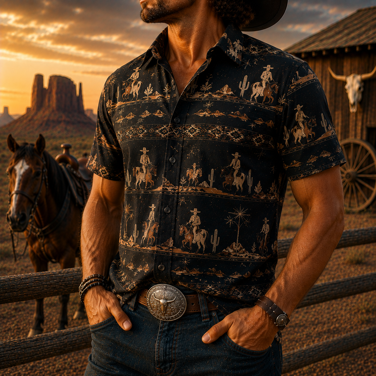 Men's Vintage Western Cowboy-Style Printed Short-Sleeve Shirt-44