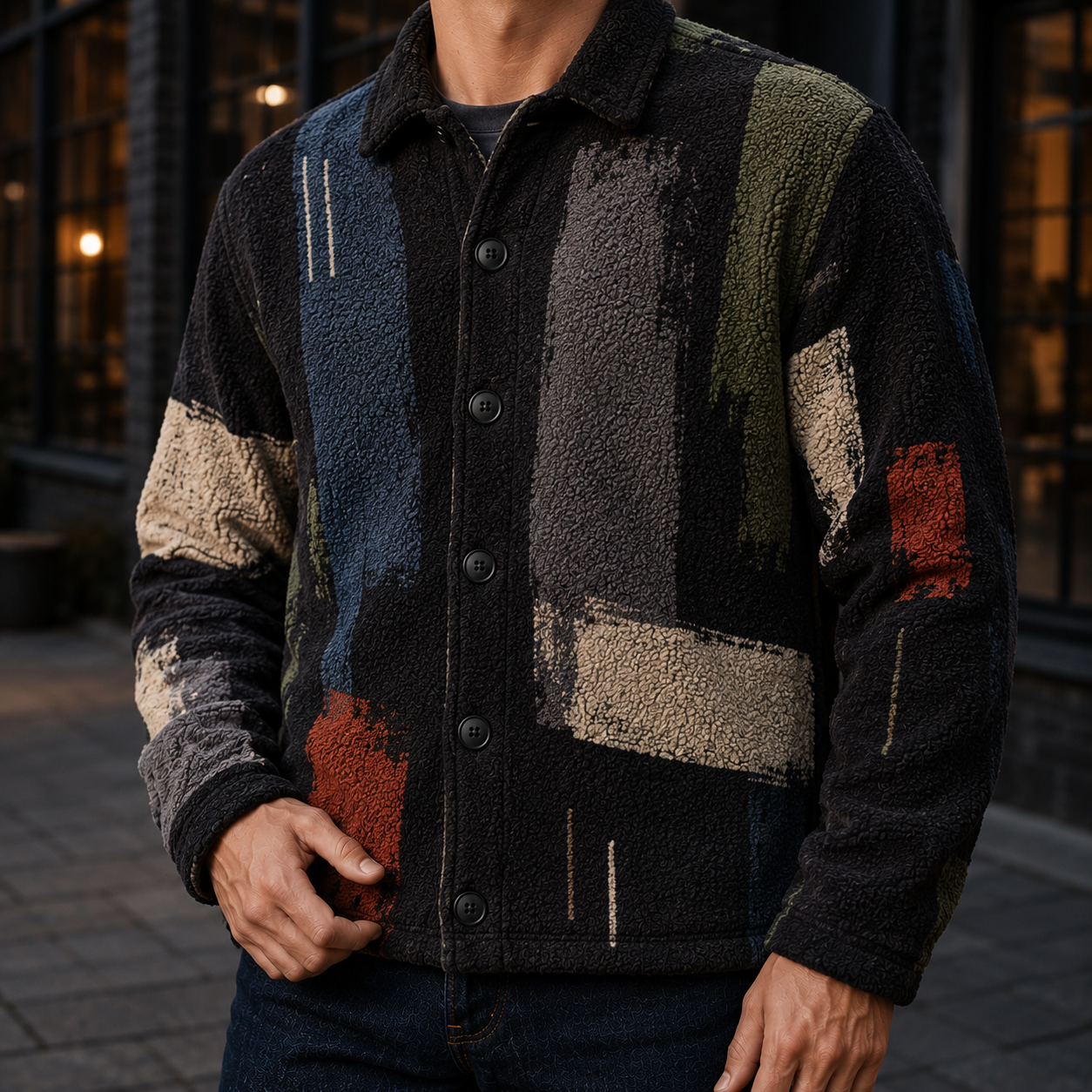 Men's Geometric Fleece Shacket | Warm Shirt Jacket -17
