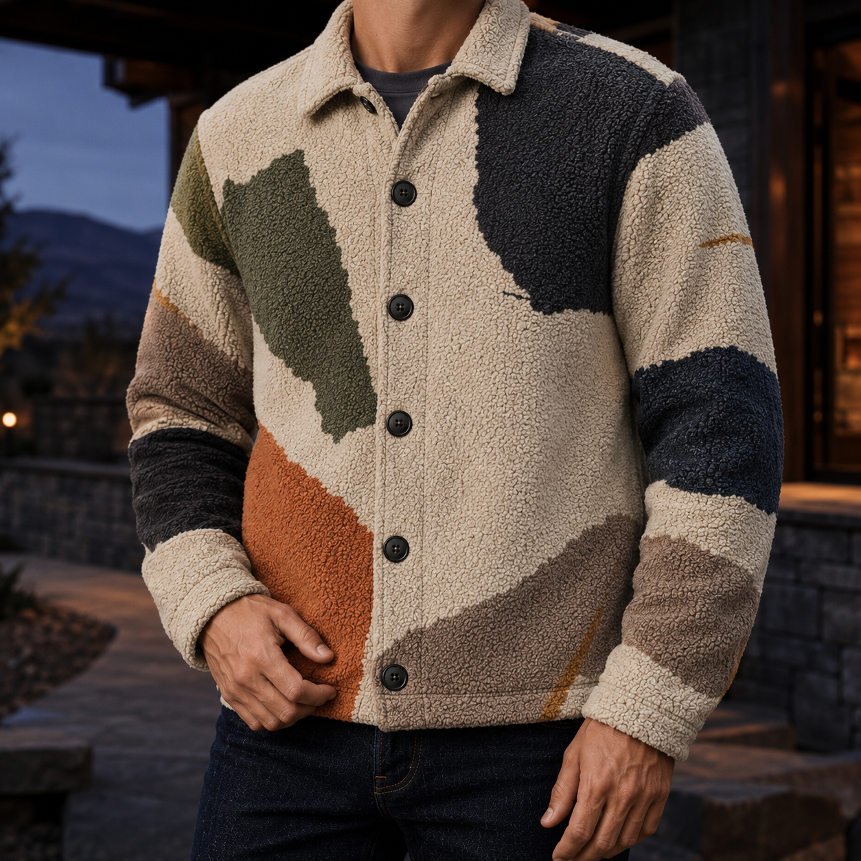 Men's Geometric Fleece Shacket | Warm Shirt Jacket -18