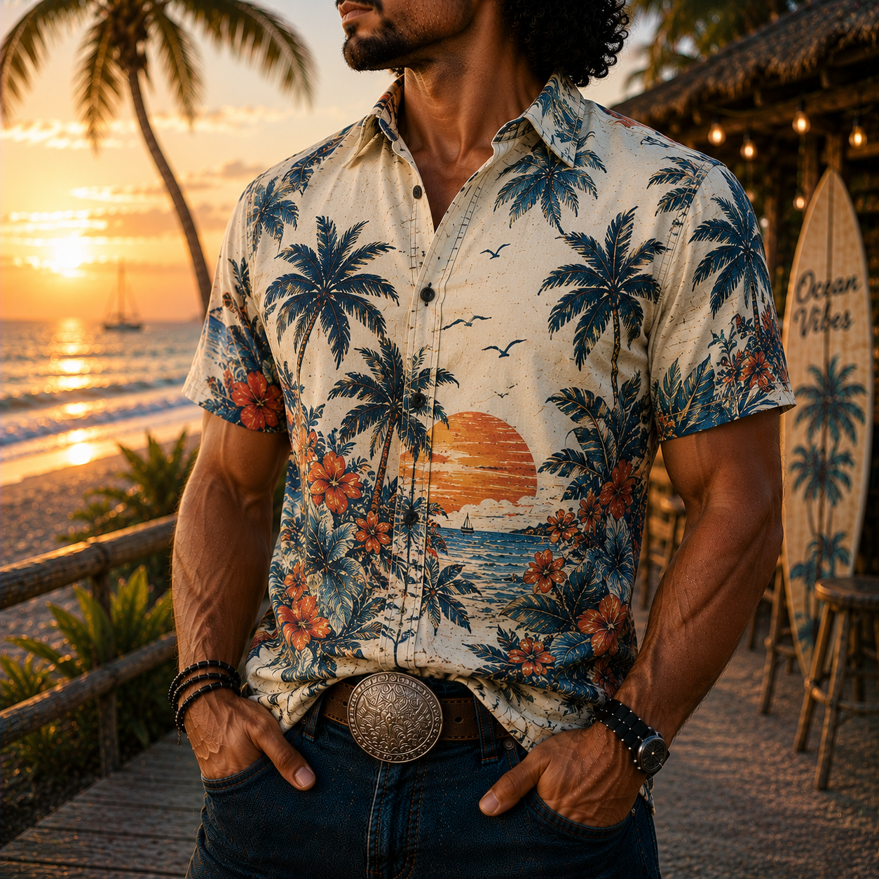 Men's Vintage Western Cowboy-Style Printed Short-Sleeve Shirt-77