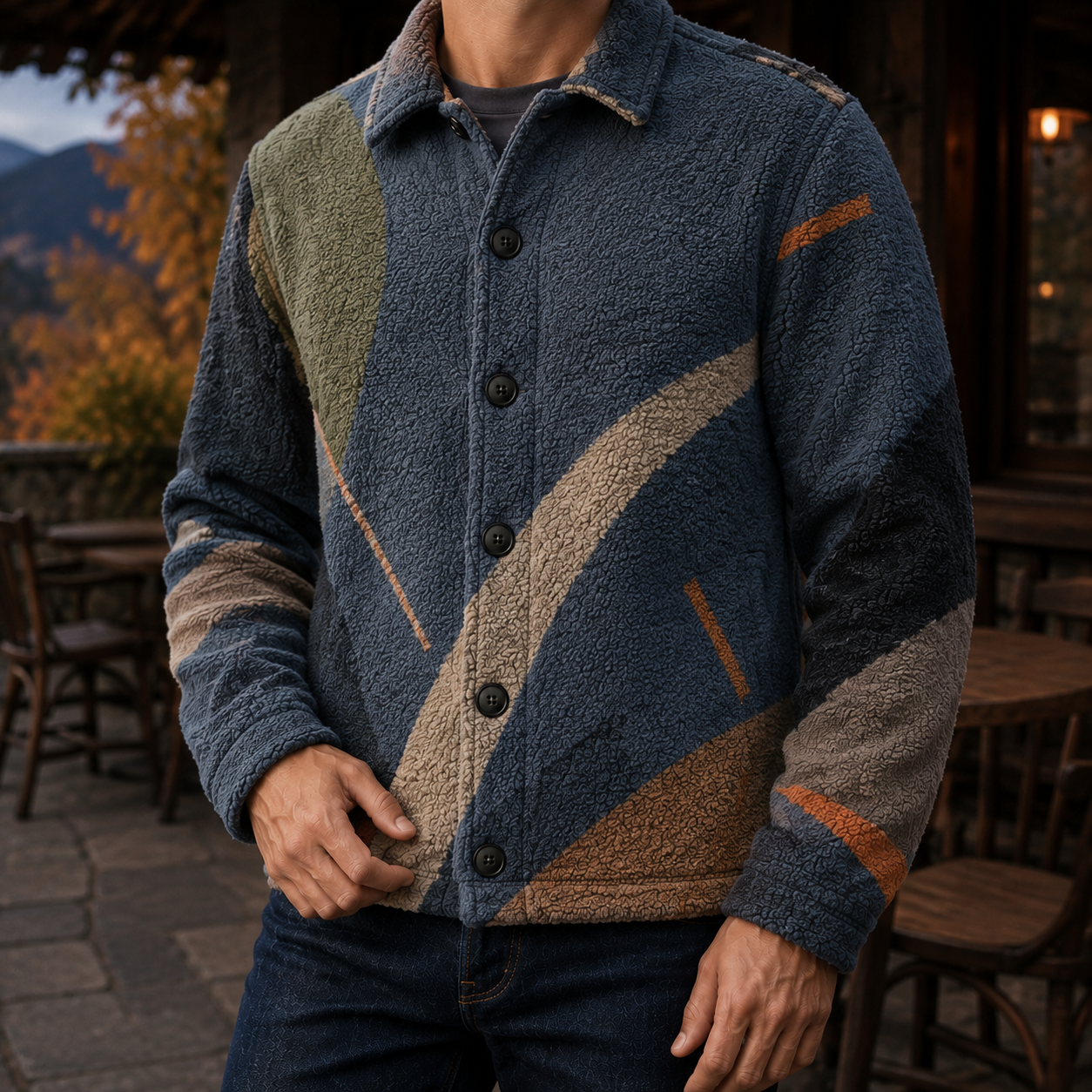 Men's Geometric Fleece Shacket | Warm Shirt Jacket -19