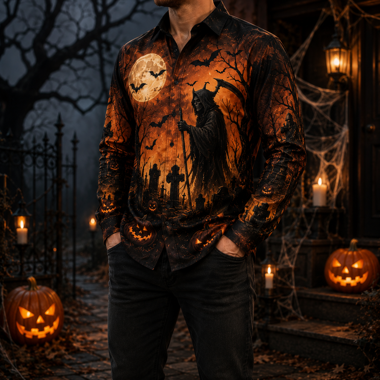 Men's Vintage Halloween Print Long-Sleeve Shirt-59