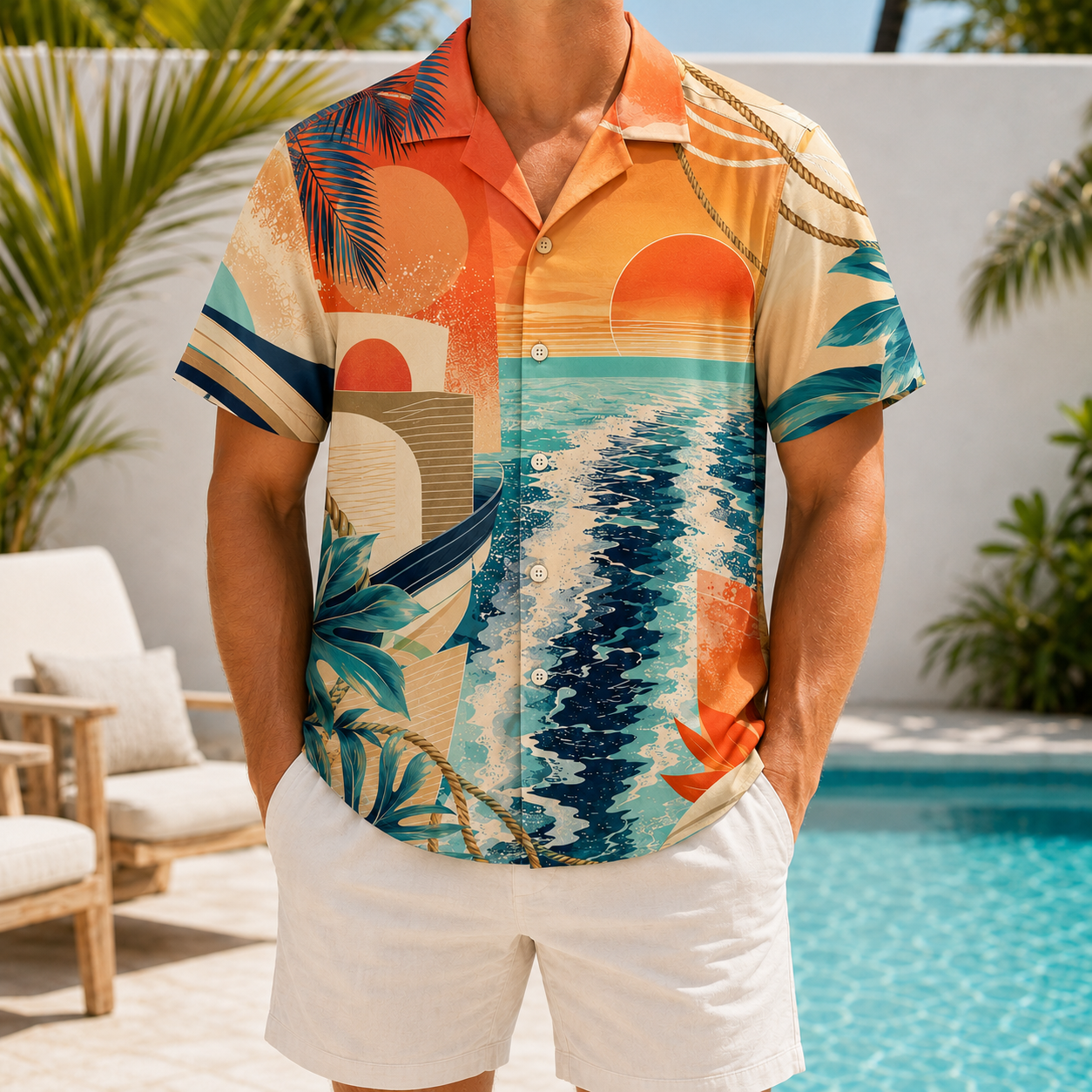 Summer Tropical Print Short Sleeve Beach Shirt -105