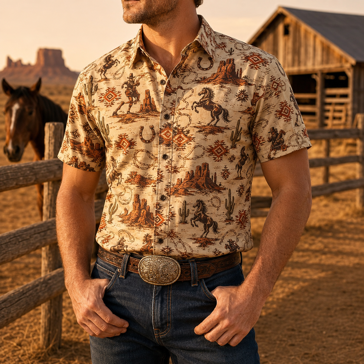 Men's Vintage Western Cowboy-Style Printed Short-Sleeve Shirt-54