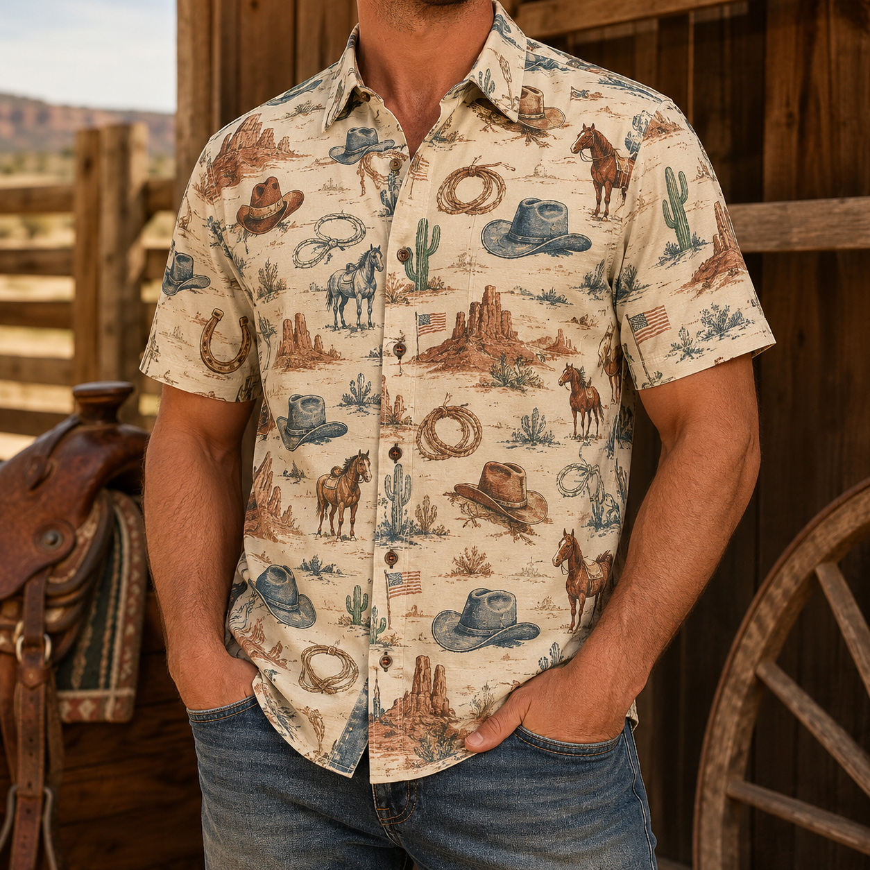 Men's Vintage Western Cowboy-Style Printed Short-Sleeve Shirt-15