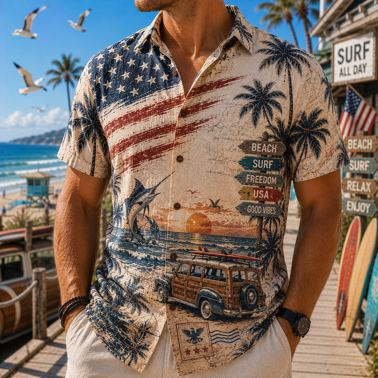 Men's Vintage Tropical Print Short-Sleeve Shirt – Casual Beach Vacation Style – 36