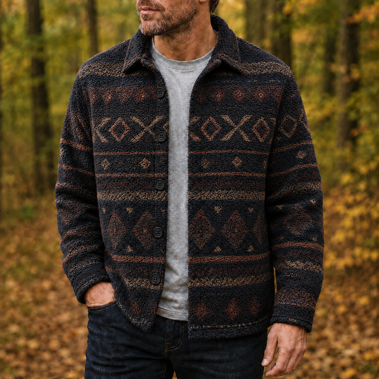 Men's Geometric Fleece Shacket | Warm Shirt Jacket -2