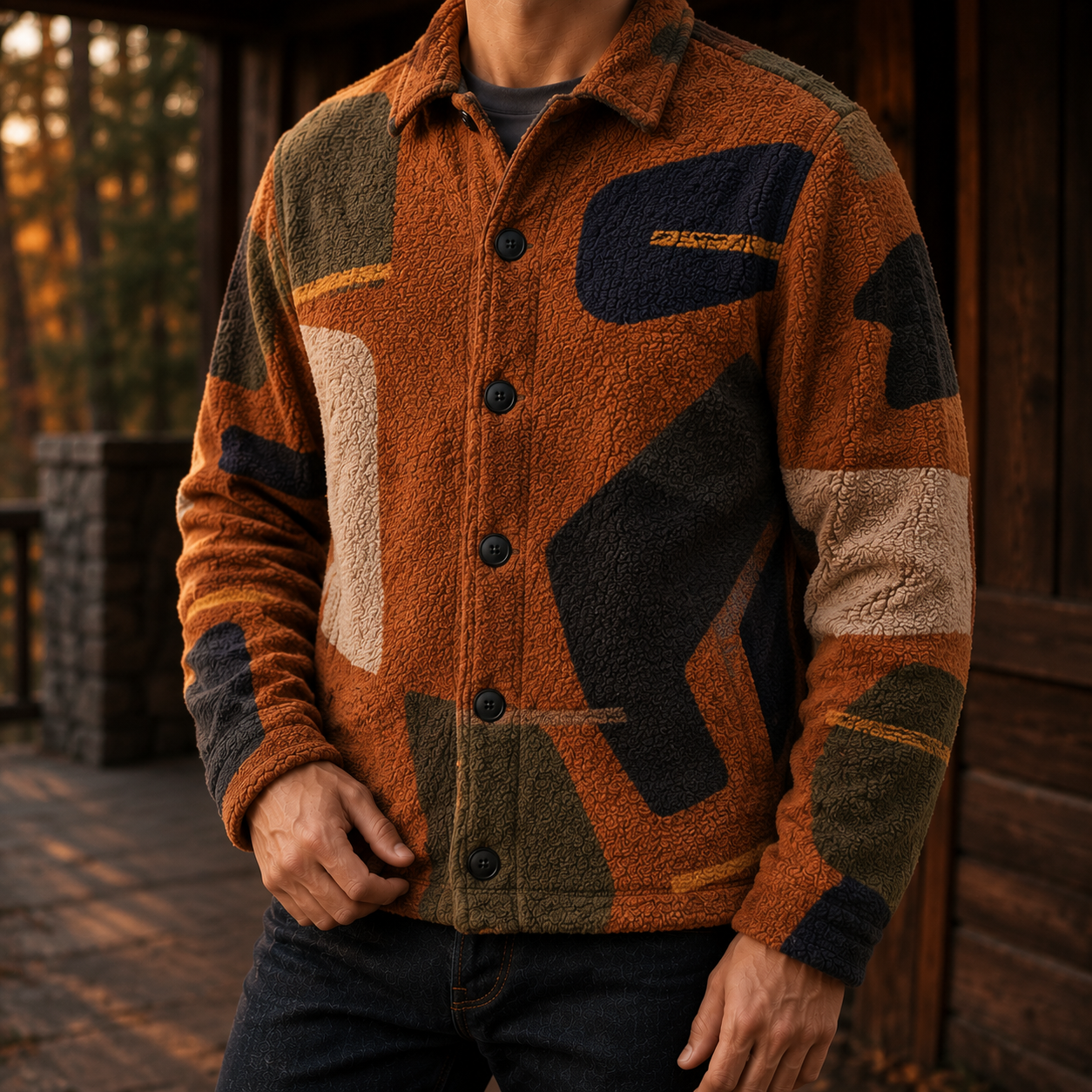 Men's Geometric Fleece Shacket | Warm Shirt Jacket -20