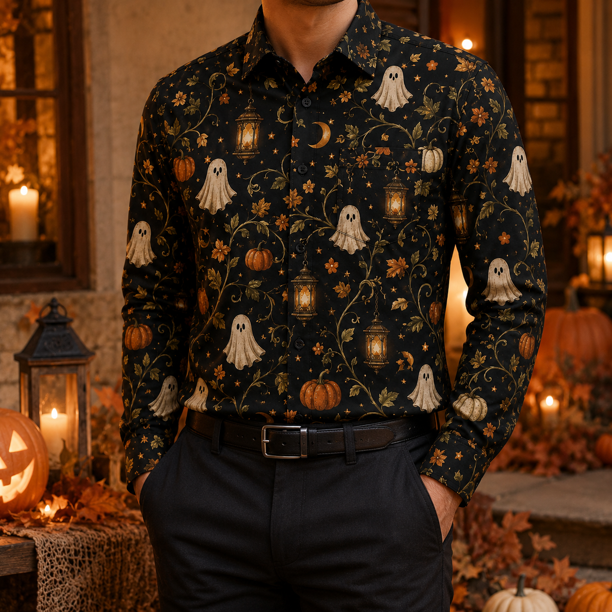 Men's Vintage Halloween Print Long-Sleeve Shirt-11