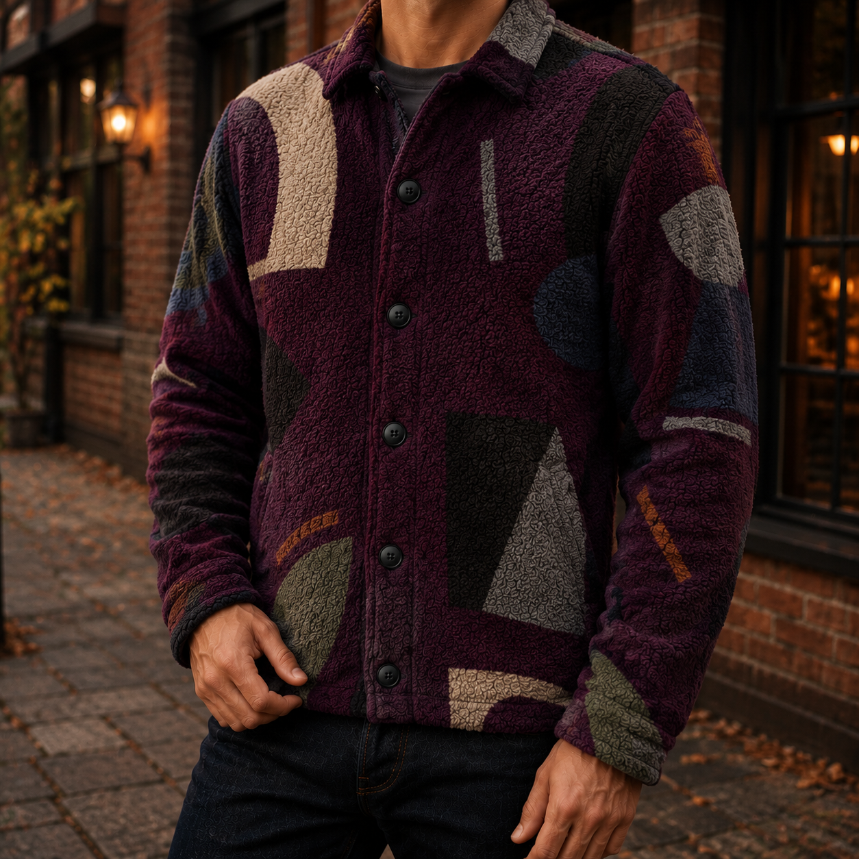 Men's Geometric Fleece Shacket | Warm Shirt Jacket -21