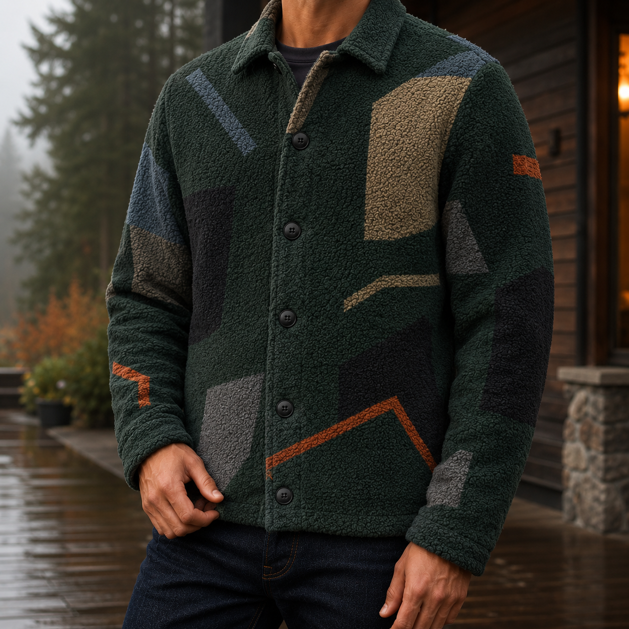 Men's Geometric Fleece Shacket | Warm Shirt Jacket -22