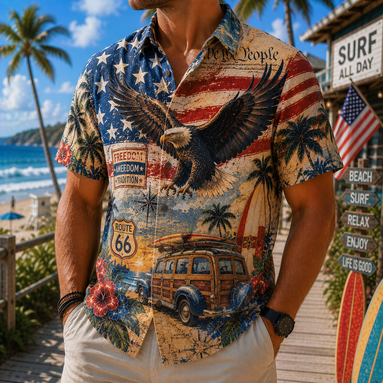 Men's Vintage Tropical Print Short-Sleeve Shirt – Casual Beach Vacation Style – 44