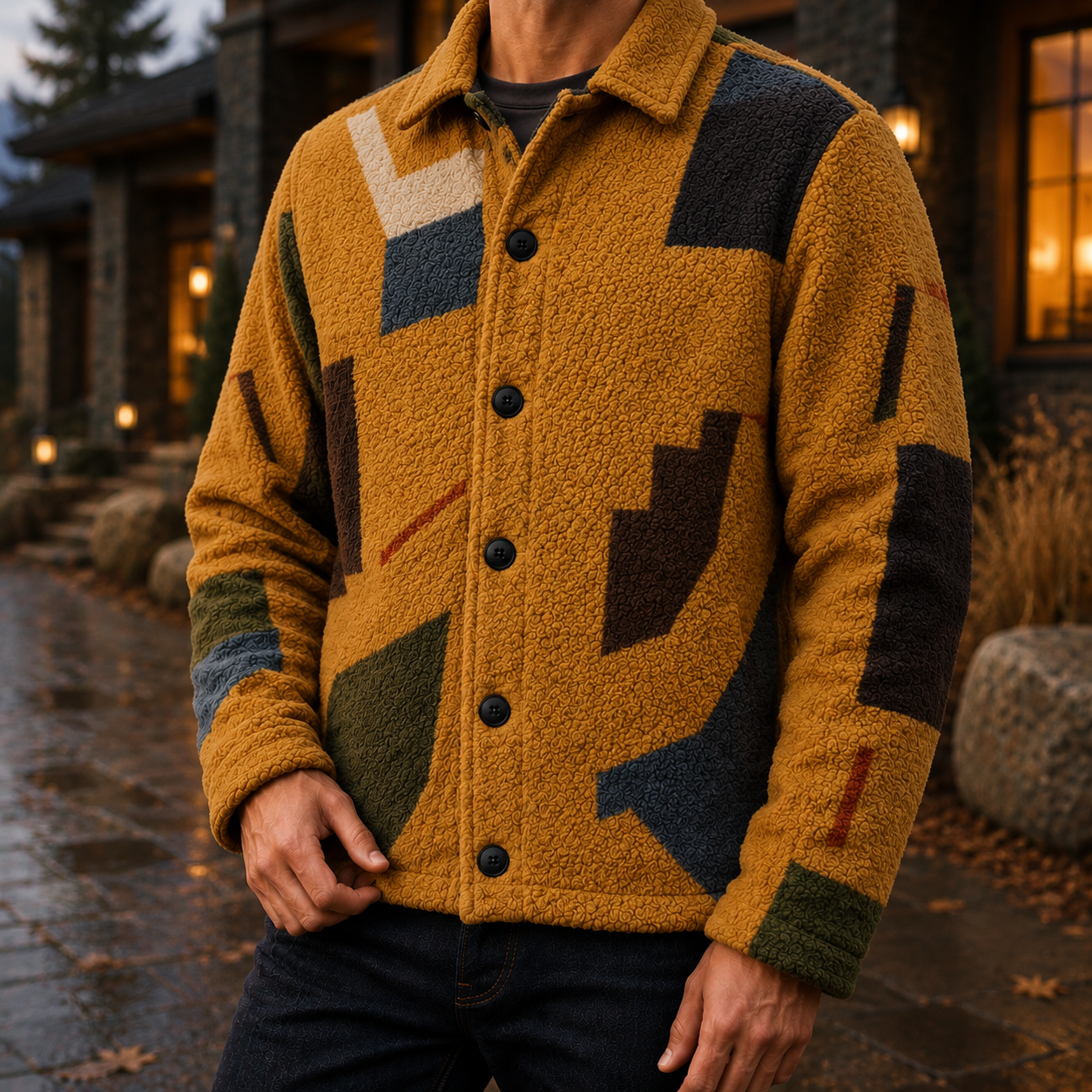 Men's Geometric Fleece Shacket | Warm Shirt Jacket -23