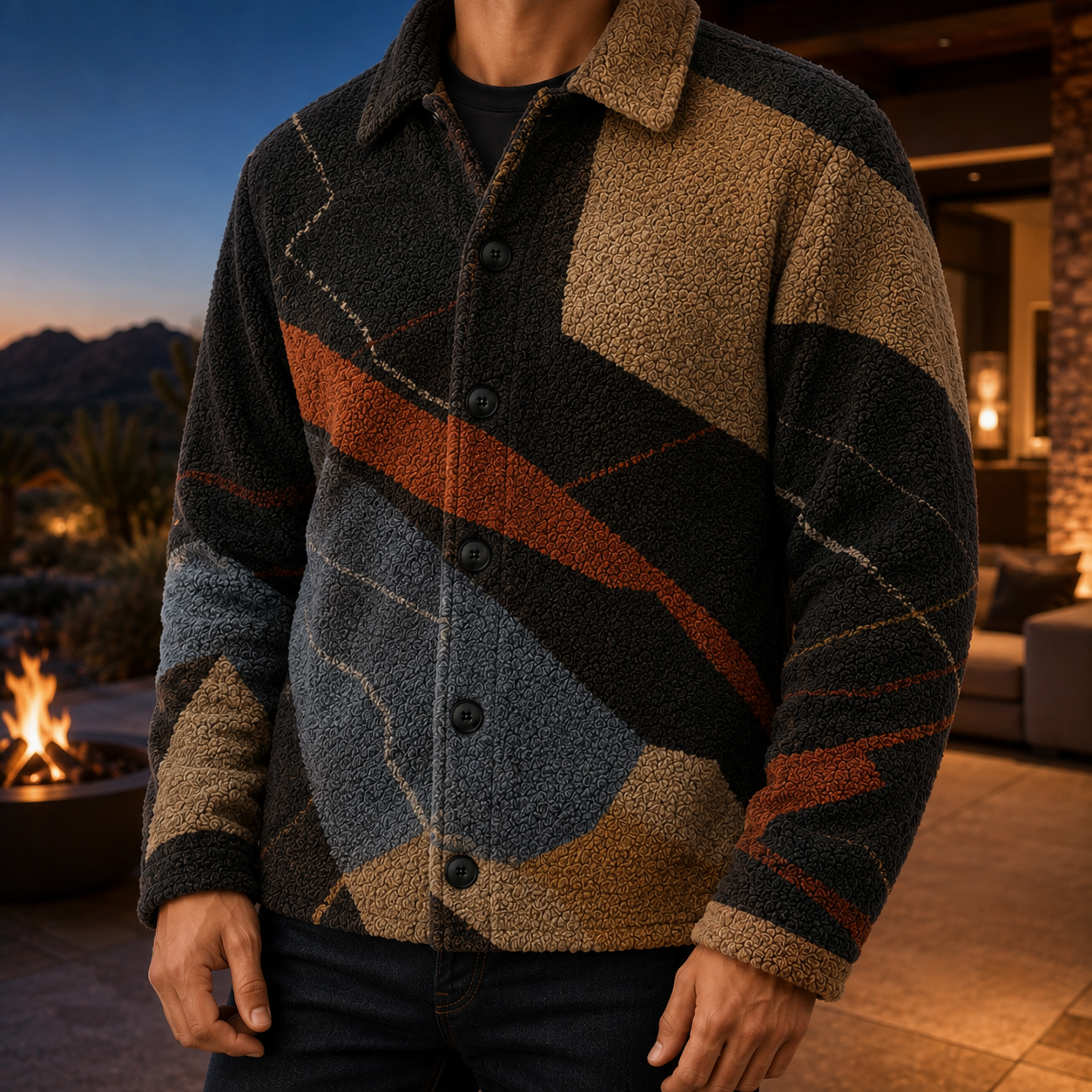 Men's Geometric Fleece Shacket | Warm Shirt Jacket -24