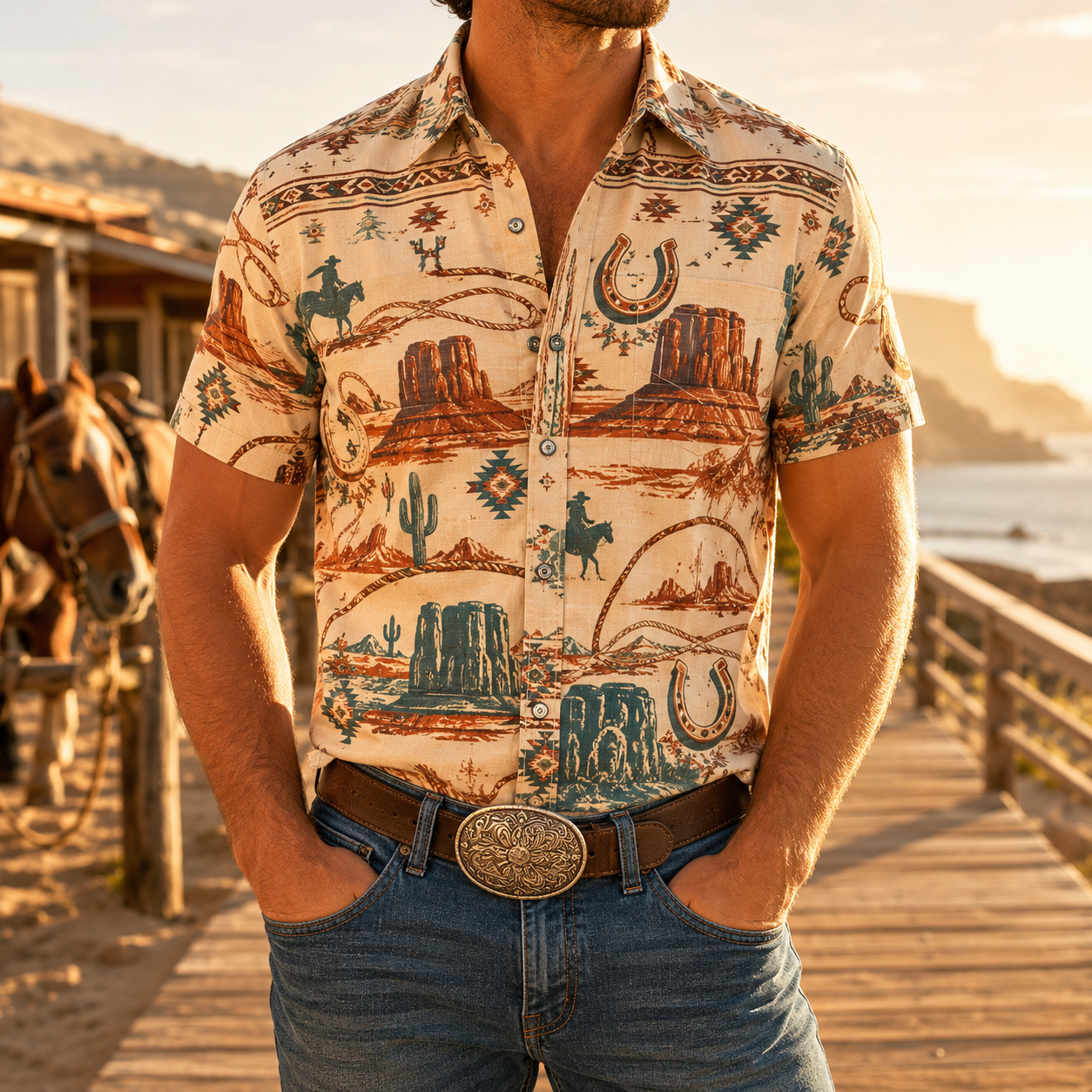 Men's Vintage Western Cowboy-Style Printed Short-Sleeve Shirt-75
