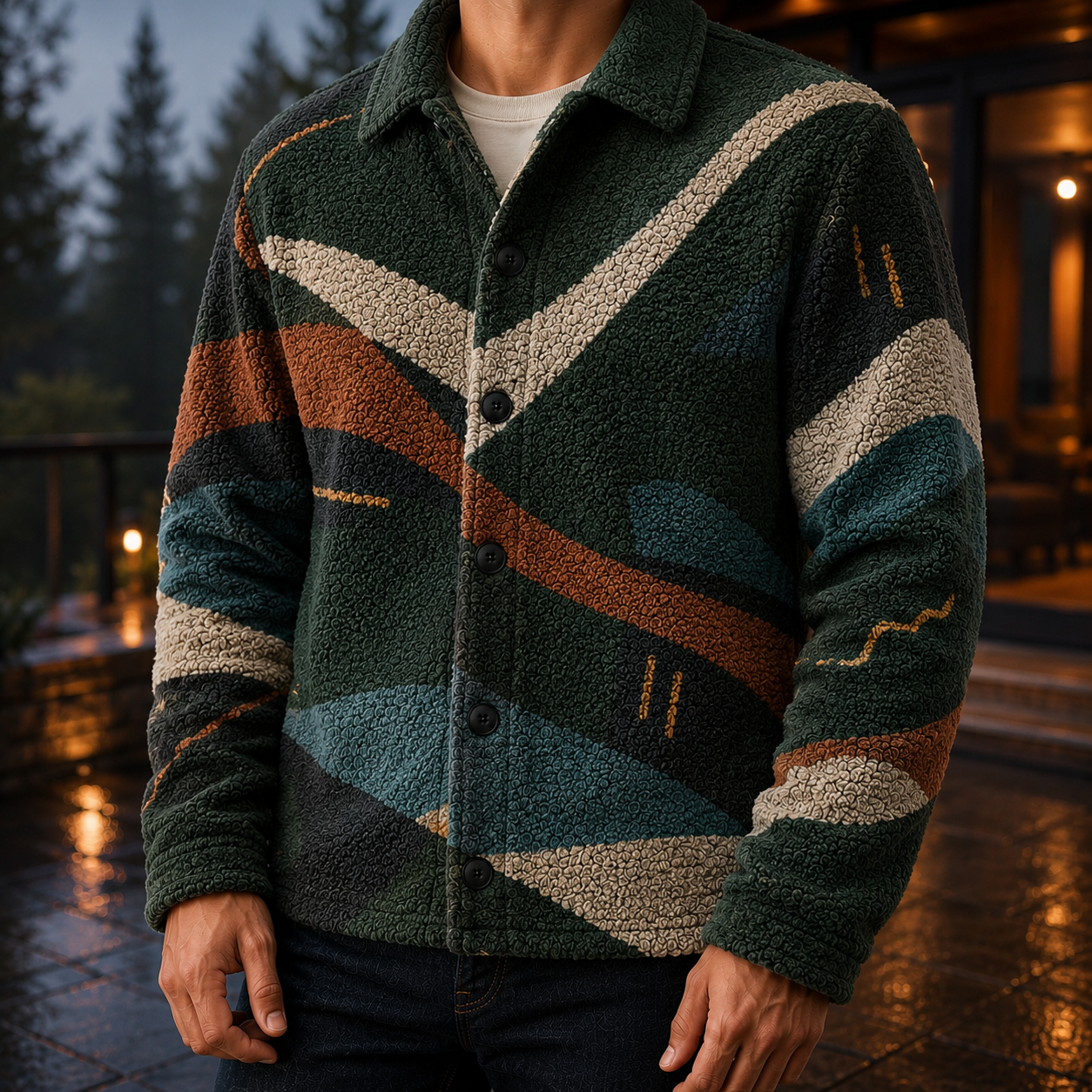 Men's Geometric Fleece Shacket | Warm Shirt Jacket -25