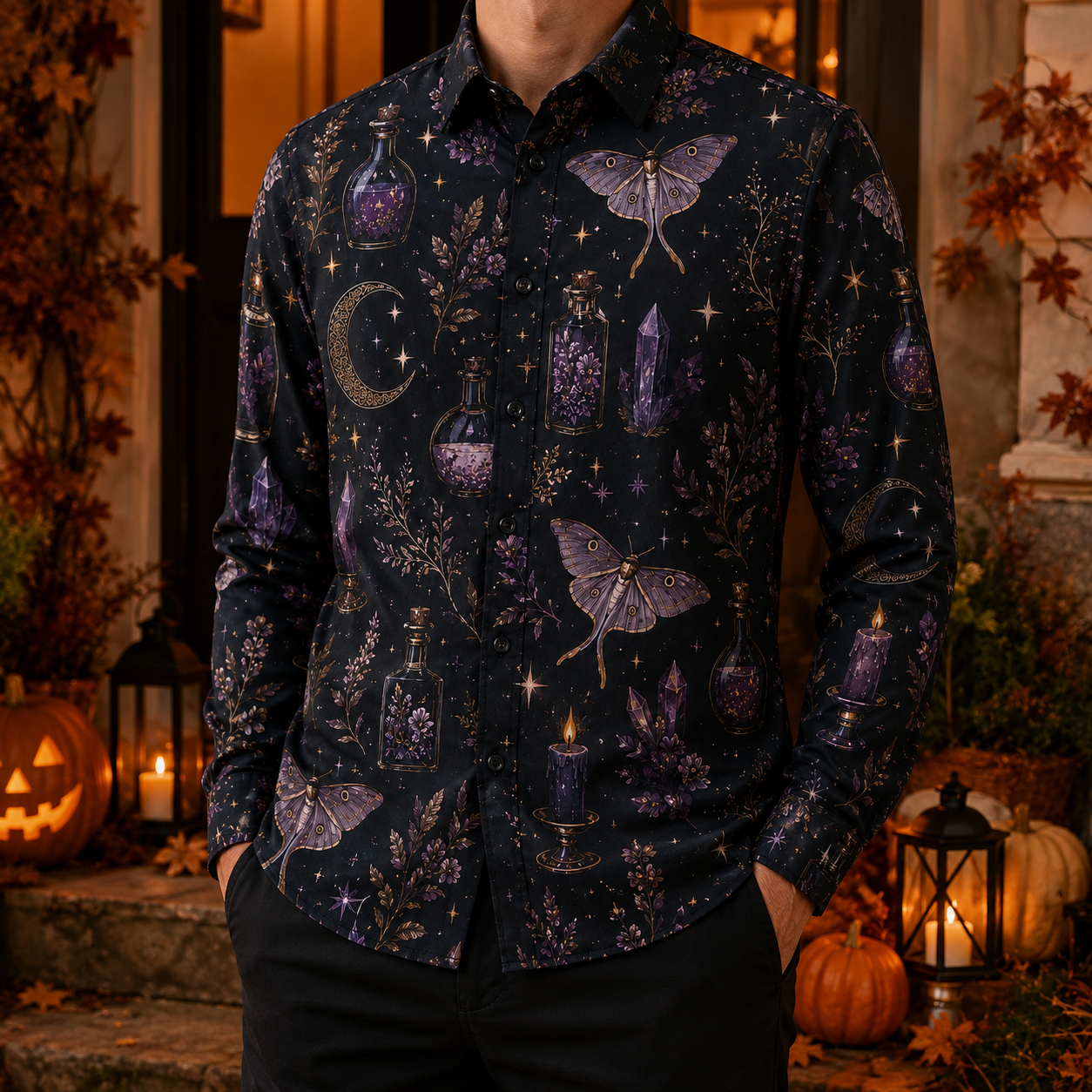 Men's Vintage Halloween Print Long-Sleeve Shirt-15