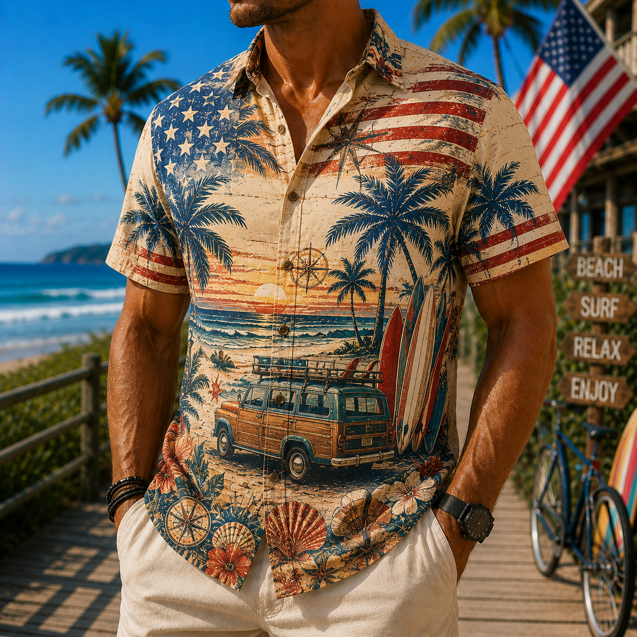 Men's Vintage Tropical Print Short-Sleeve Shirt – Casual Beach Vacation Style – 67