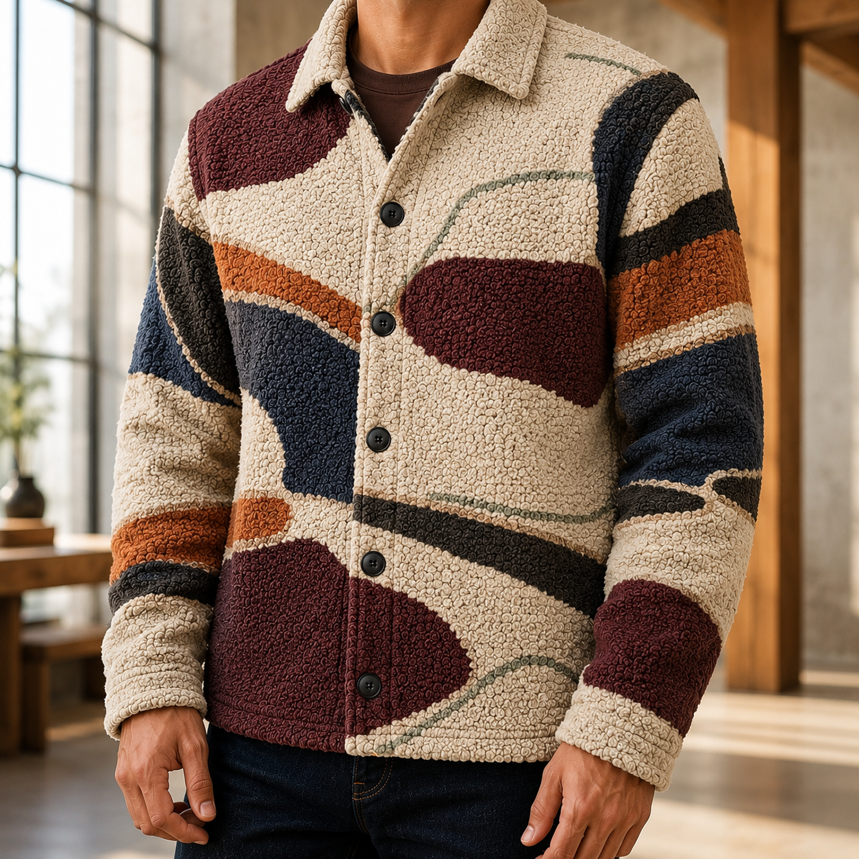 Men's Geometric Fleece Shacket | Warm Shirt Jacket -26