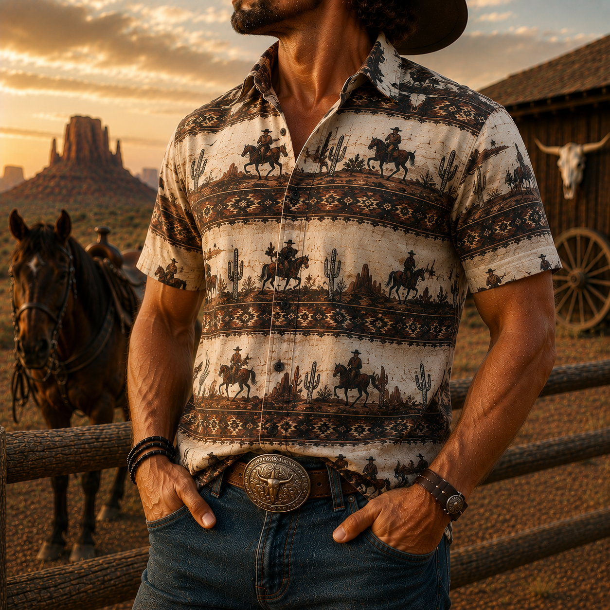 Men's Vintage Western Cowboy-Style Printed Short-Sleeve Shirt-42