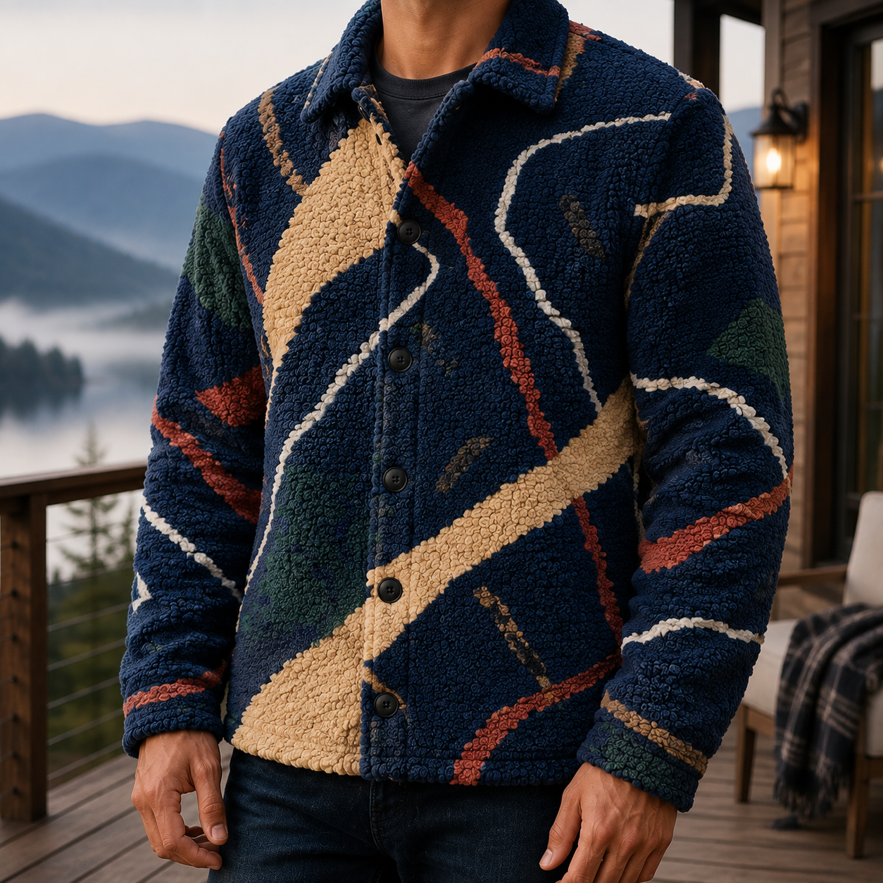 Men's Geometric Fleece Shacket | Warm Shirt Jacket -27