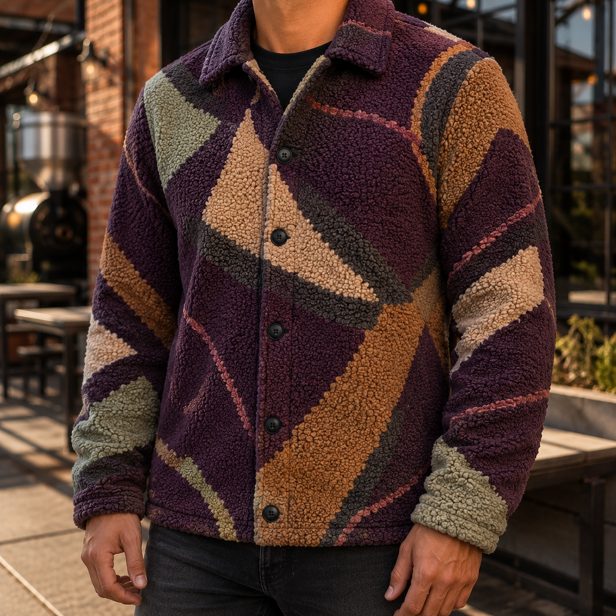 Men's Geometric Fleece Shacket | Warm Shirt Jacket -28