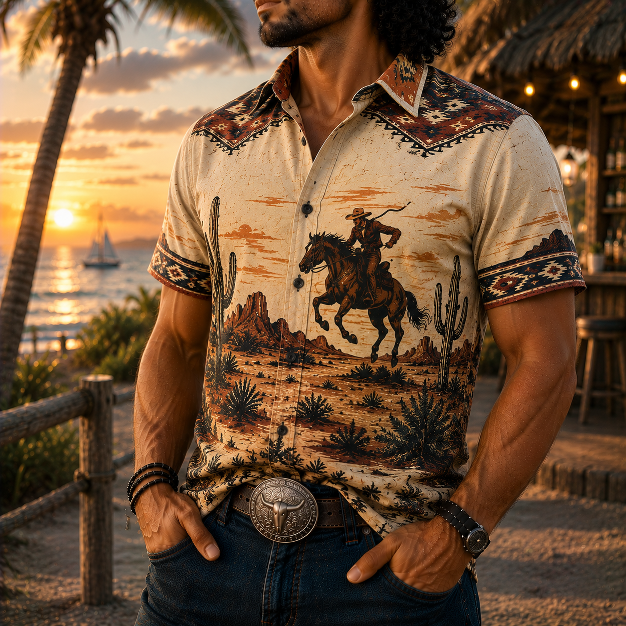 Men's Vintage Western Cowboy-Style Printed Short-Sleeve Shirt-72