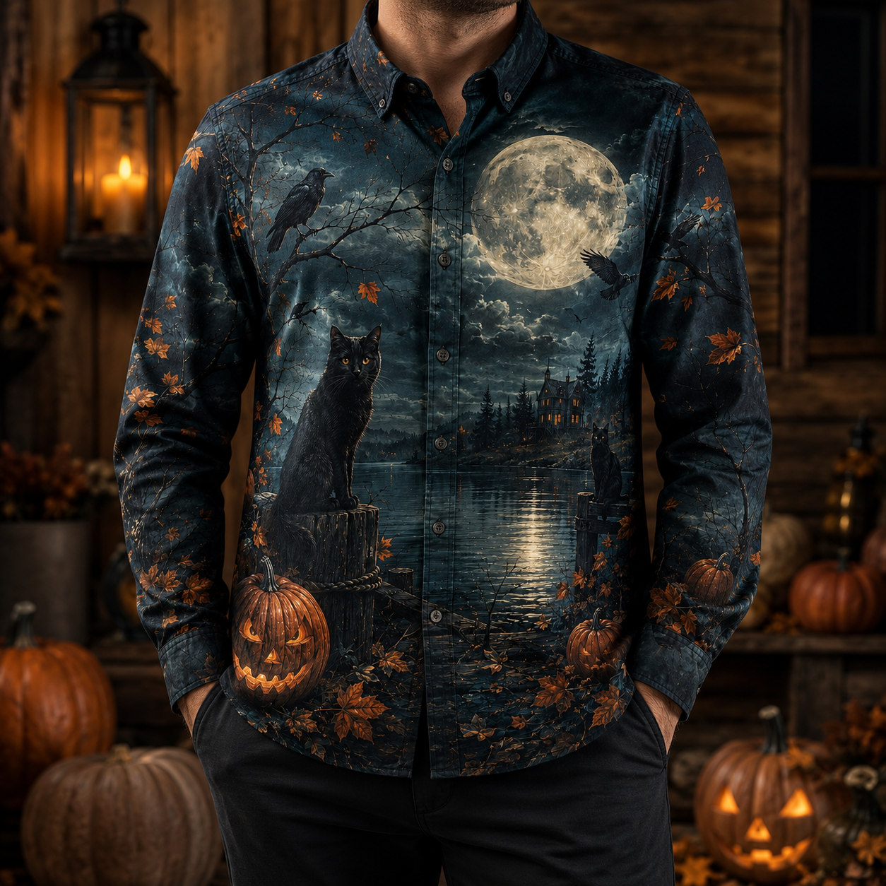 Men's Vintage Halloween Print Long-Sleeve Shirt-26