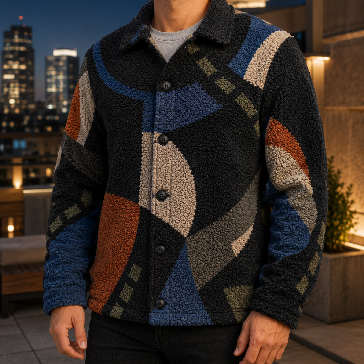 Men's Geometric Fleece Shacket | Warm Shirt Jacket -29