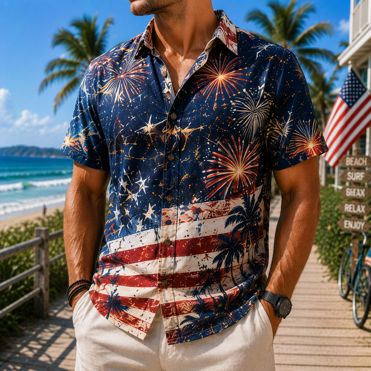Men's Vintage Tropical Print Short-Sleeve Shirt – Casual Beach Vacation Style – 47