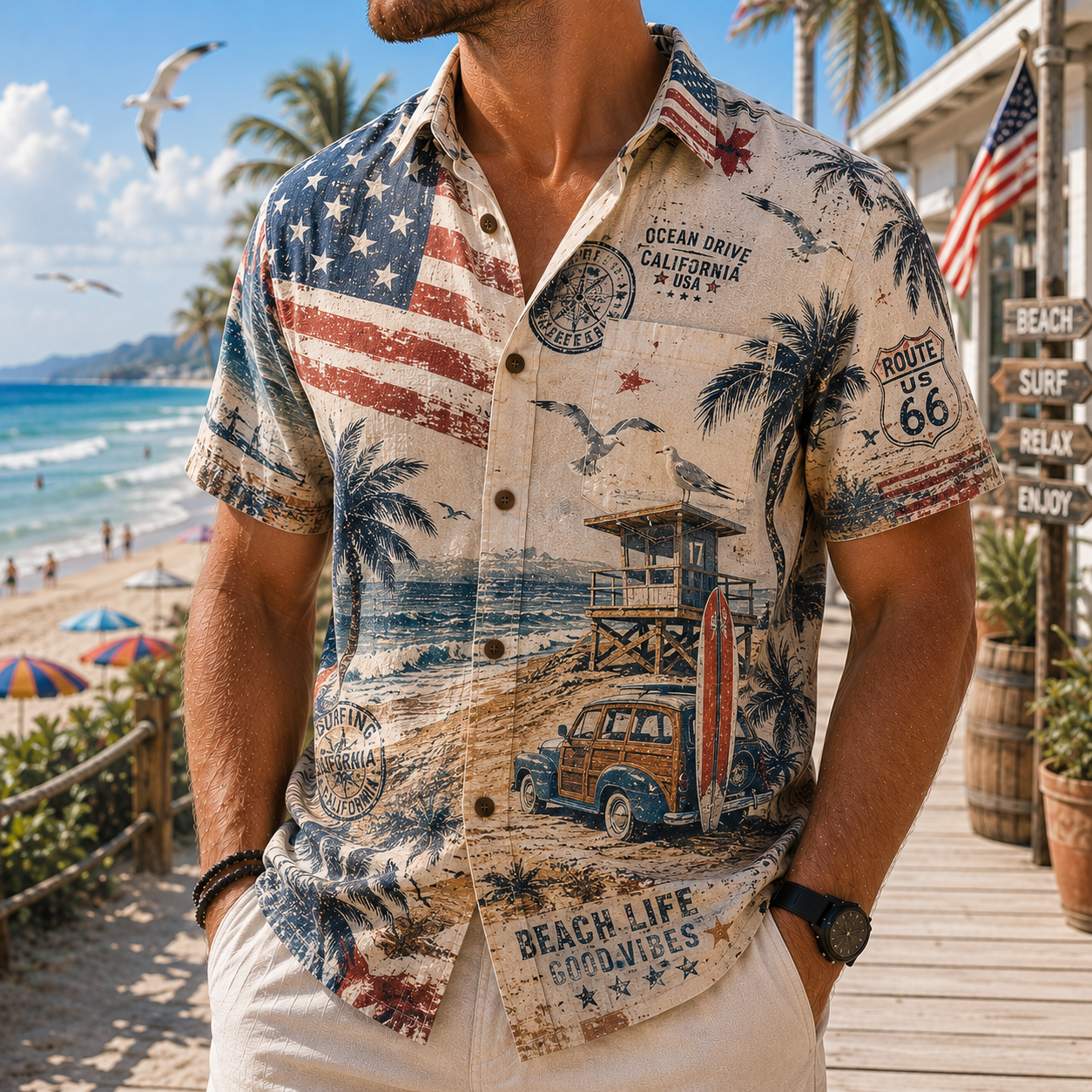 Men's Vintage Tropical Print Short-Sleeve Shirt – Casual Beach Vacation Style – 30