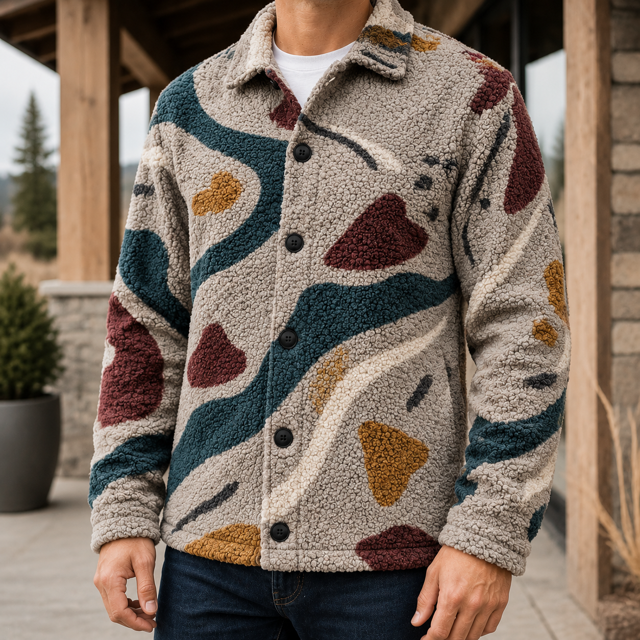 Men's Geometric Fleece Shacket | Warm Shirt Jacket -30