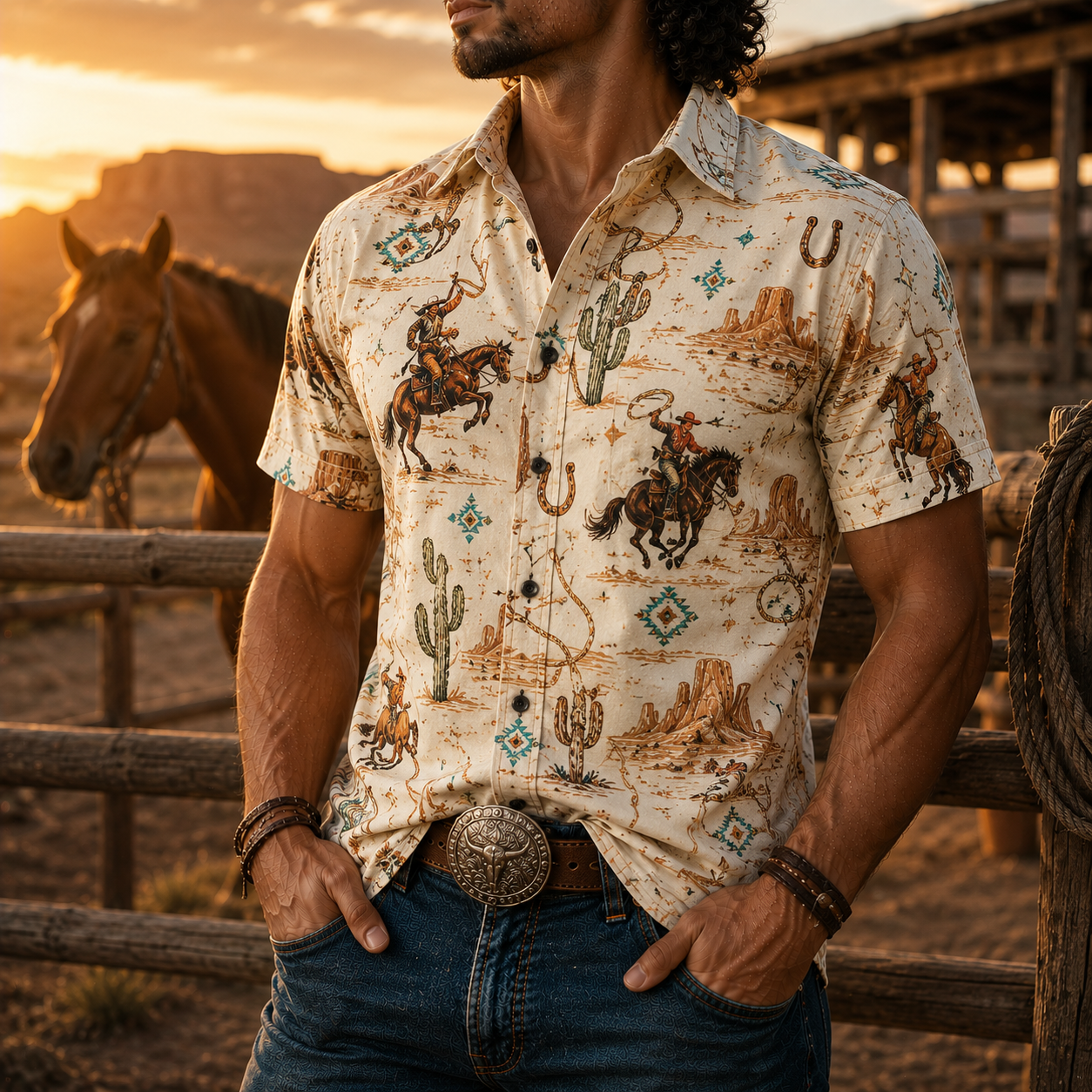 Men's Vintage Western Cowboy-Style Printed Short-Sleeve Shirt-67