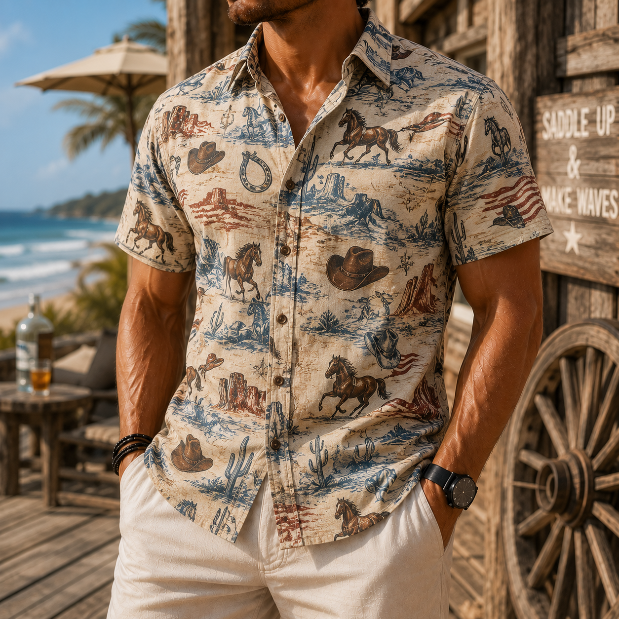 Men's Vintage Western Cowboy-Style Printed Short-Sleeve Shirt-07