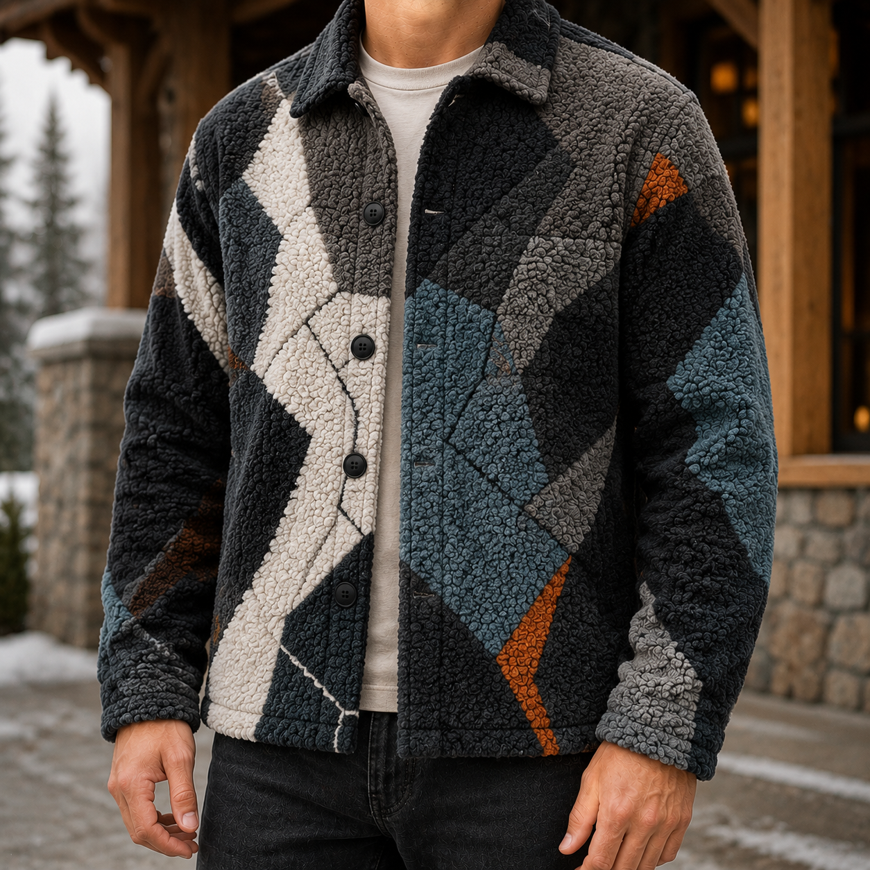 Men's Geometric Fleece Shacket | Warm Shirt Jacket -31