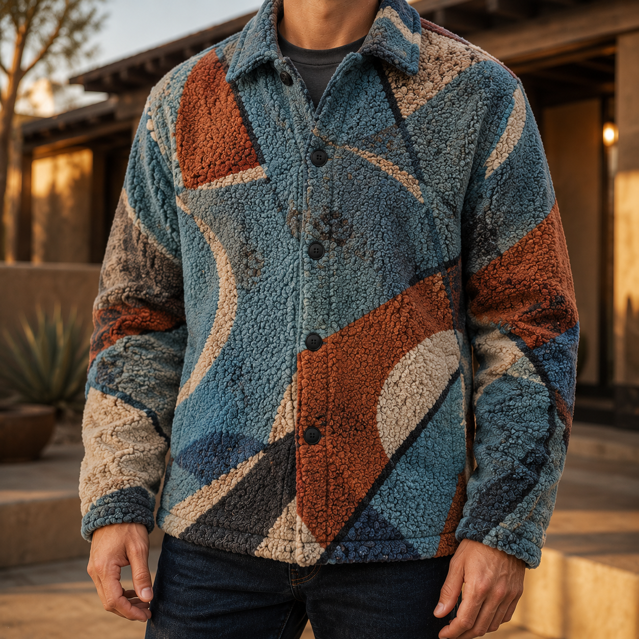 Men's Geometric Fleece Shacket | Warm Shirt Jacket -32
