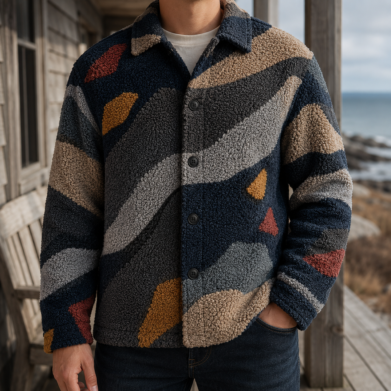 Men's Geometric Fleece Shacket | Warm Shirt Jacket -33