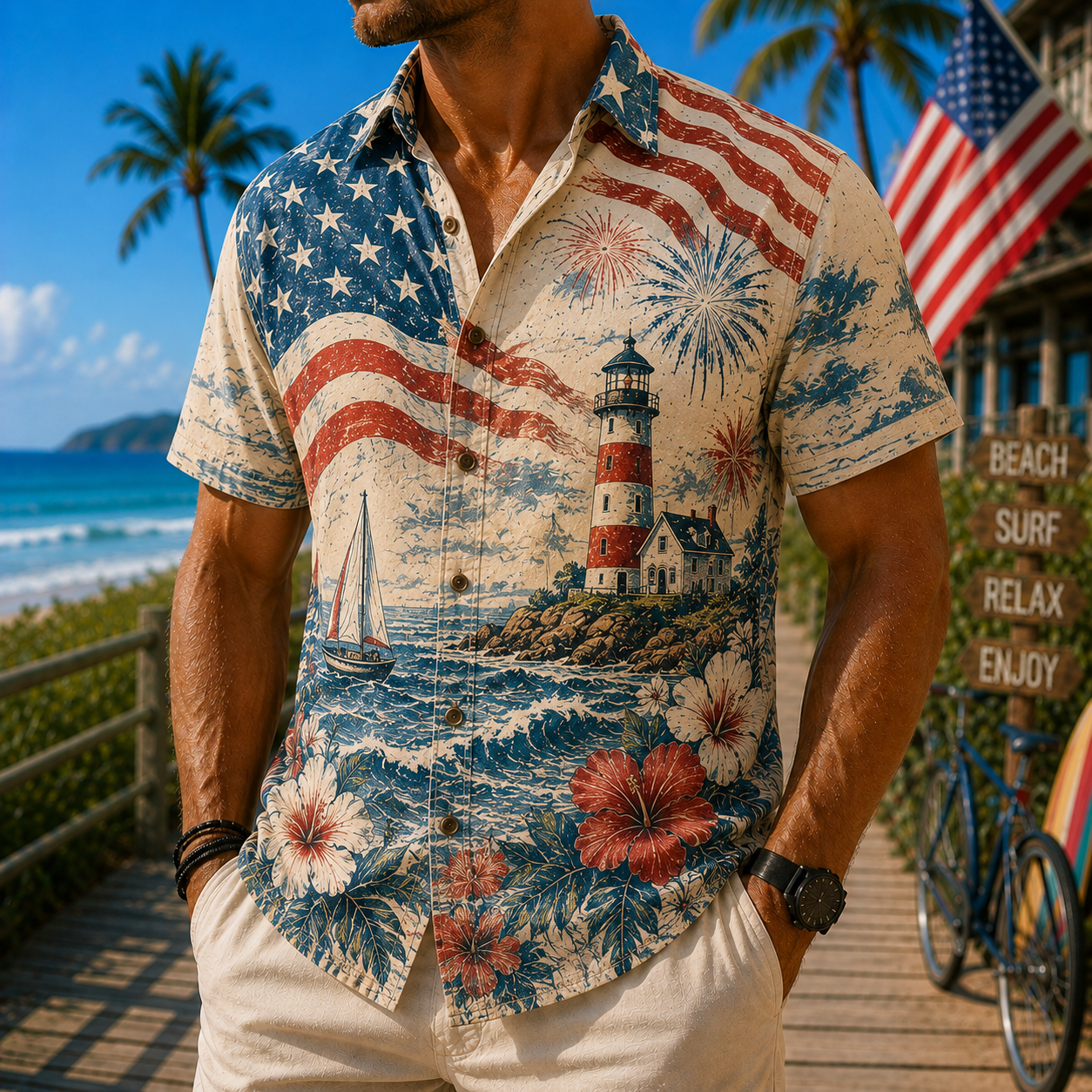 Men's Vintage Tropical Print Short-Sleeve Shirt – Casual Beach Vacation Style – 66