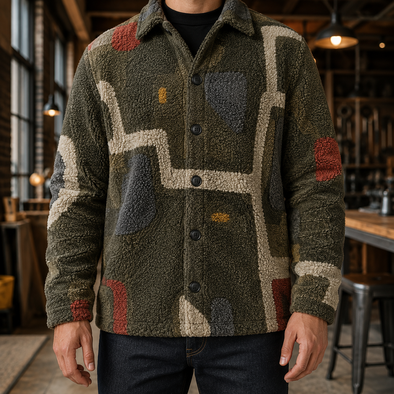 Men's Geometric Fleece Shacket | Warm Shirt Jacket -34