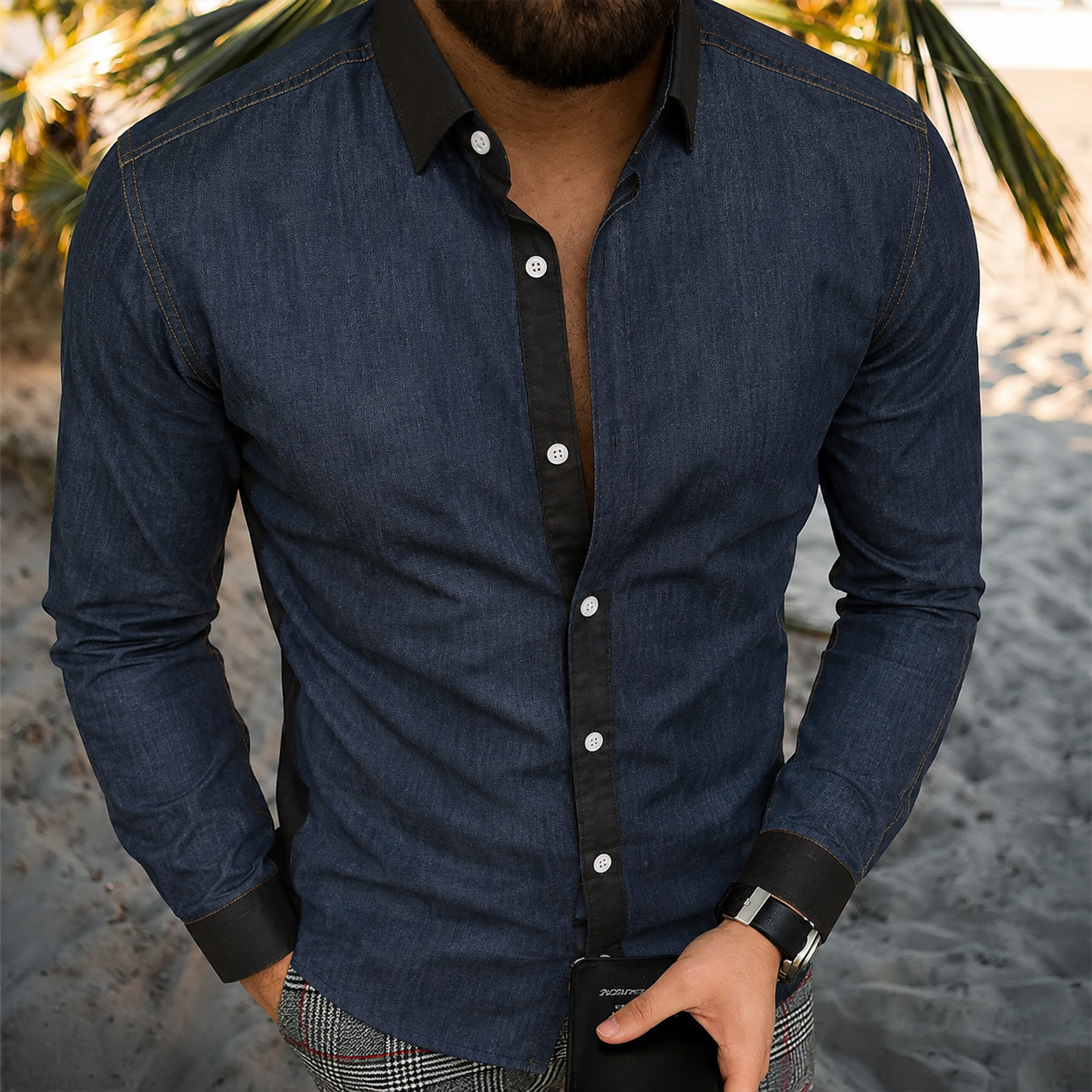 Men's Vintage-Style Long-Sleeve Casual Button-Up Shirt -347