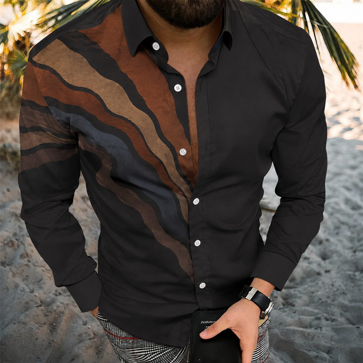 Men's Vintage-Style Long-Sleeve Casual Button-Up Shirt -348