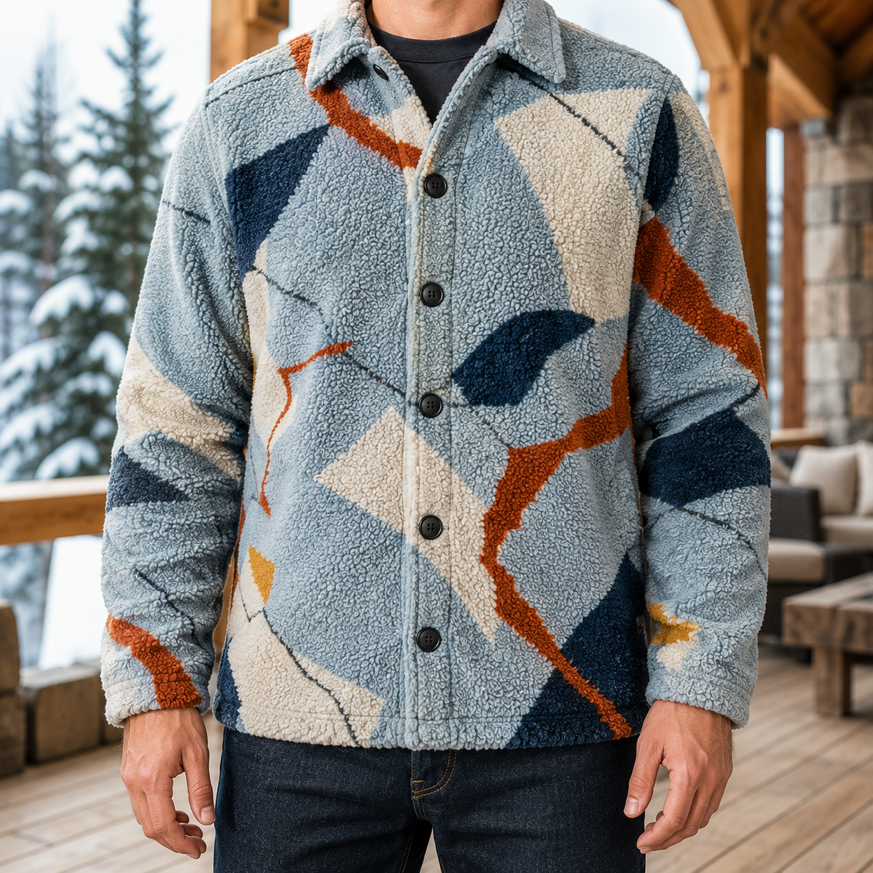 Men's Geometric Fleece Shacket | Warm Shirt Jacket -35